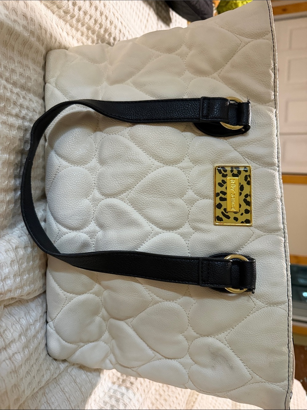 Betsey Johnson Cream and Black Quilted Tote with Black Straps and Gold Plaque